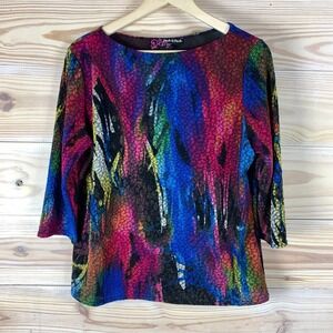 Peck & Peck Womens Top Petite XL 3/4 Sleeve Blouse Vibrant Blouse Whimsy Artsy